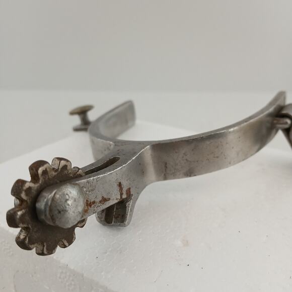 Vintage Crockett Single Spurs Stainless Steel Engraved Western Cowboy Marked - Picture 3 of 9